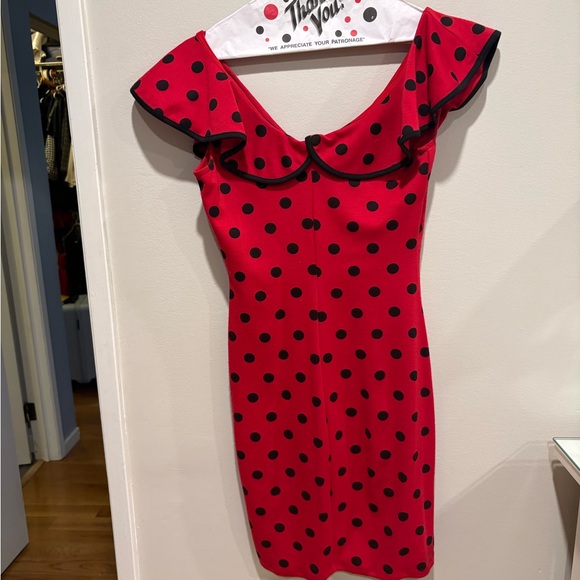 Dresses & Skirts - Red Polka Dot Dress with Ruffle Neckline